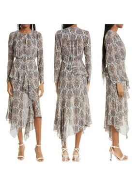VERONICA BEARD SAZAN LONG SLEEVE HANDKERCHIEF HEM PAISLEY DRESS ECRU MULTI SZ 10